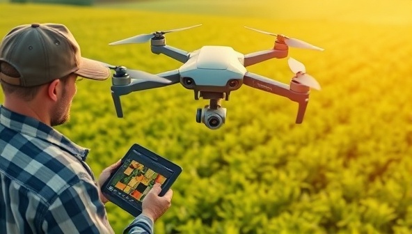 An image of an agricultural drone flying over a vast field, capturing high-resolution images of crops below, with a farmer analyzing the data on a tablet, highlighting the efficiency and precision of drone technology in agriculture.