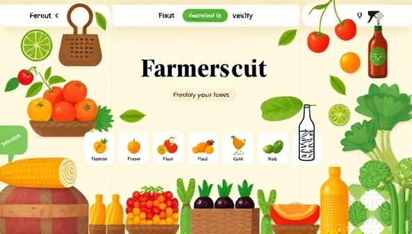 A virtual farmers market platform interface displaying a variety of fresh produce, handmade goods, and artisanal products available for purchase, designed with vibrant visuals and user-friendly navigation, reflecting a modern and sustainable shopping experience.