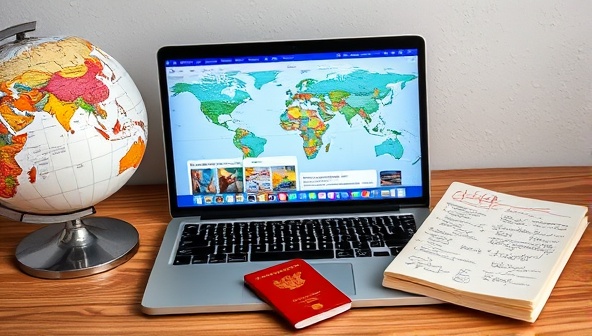 A digital workspace with a laptop displaying travel destinations around the world, a globe, a notepad with scribbled itinerary plans, and a passport, creating an atmosphere of wanderlust and adventure.