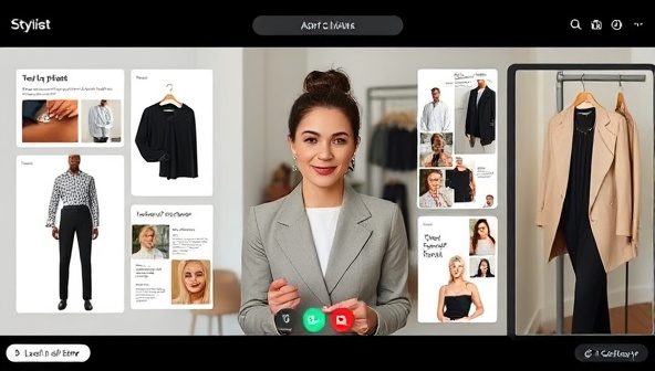 An online platform interface showing a stylist interacting with a client via video call, surrounded by digital mood boards, outfit suggestions, and style inspiration, creating a virtual fashion experience.