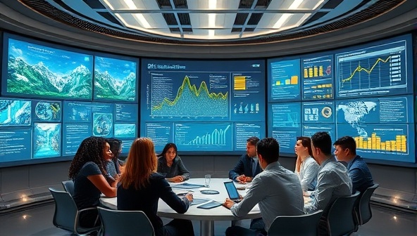 A futuristic office setting with digital screens displaying mining technology concepts and data analytics, surrounded by a diverse team of consultants engaged in brainstorming sessions, representing innovation and expertise in the mining tech consulting space.