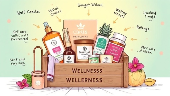 An immersive digital illustration featuring a wellness crate filled with an assortment of self-care products, wellness treats, relaxation items, and motivational messages, capturing the essence of a personalized and indulgent wellness experience delivered by Wellness Crate Co. subscription service.