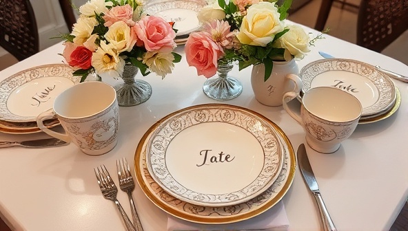 A beautifully set dining table featuring personalized ceramic plates, mugs, and bowls with intricate designs and names, surrounded by fresh flowers and elegant silverware, creating a charming and personalized dining experience.