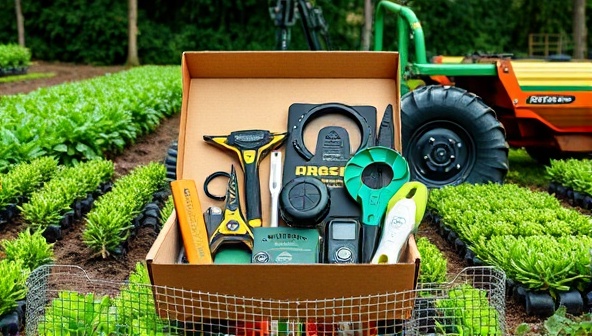 An image of a diverse selection of agri-tech tools and gadgets neatly arranged in a subscription box, surrounded by lush greenery and farming equipment, conveying innovation and practicality in agriculture.