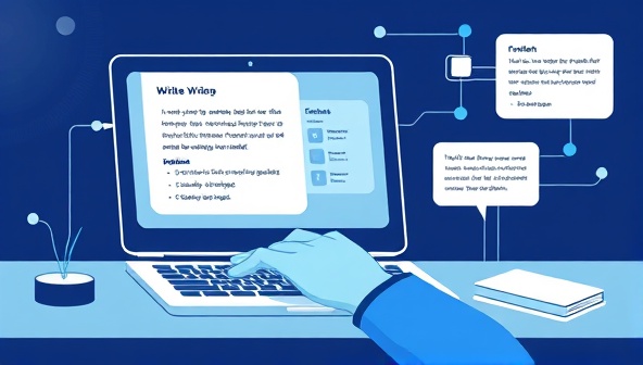 An illustration of a digital writing assistant in action, showing a user typing on a laptop with the AI suggesting corrections and creative ideas in a visually appealing interface.