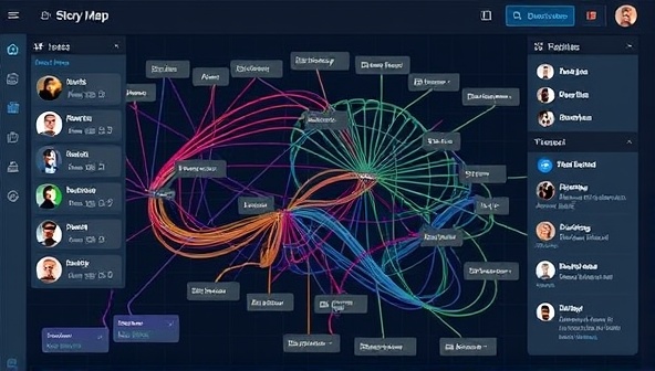A digital interface showing multiple users collaborating in real-time on a story map, with colorful threads connecting plot points, character arcs, and thematic elements, symbolizing the dynamic and interconnected nature of collaborative storytelling on the platform.