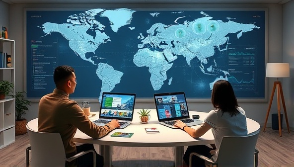 A digital workspace visualization showcasing a remote team collaborating seamlessly across time zones, with virtual whiteboards, video calls, and productivity tools, illustrating the efficiency of remote work productivity consulting.