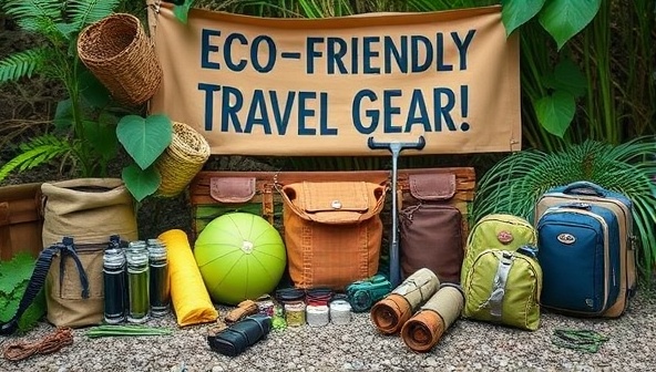 An array of eco-friendly travel gear items displayed in a natural setting, surrounded by greenery and sustainable materials, conveying a message of environmental responsibility and adventure.