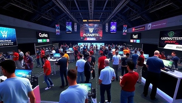 An immersive virtual event scene featuring avatars of gamers interacting in a digital arena, with gaming tournaments, live-streamed matches, virtual booths, and sponsor banners in the background, showcasing the dynamic and social nature of GamerConnect Arena's virtual gaming events platform.