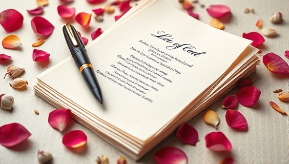An elegant calligraphy pen on a stack of parchment paper with a beautifully crafted poem, surrounded by scattered flower petals, creating a romantic and artistic ambiance that symbolizes creativity and personalization.