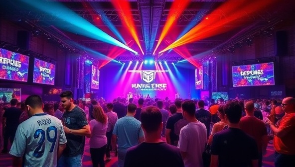 An energetic visual of a professionally organized gaming event with vibrant lighting, stage setups, and enthusiastic participants engaging in esports competitions and gaming activities, highlighting the excitement and scale of the gaming event planning service.