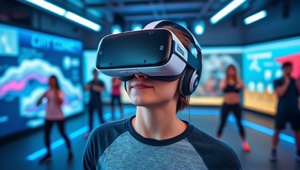 An immersive VR workout setting with a user wearing a VR headset, surrounded by virtual fitness instructors and engaging exercise environments, highlighting the futuristic and interactive nature of VRFitZone.