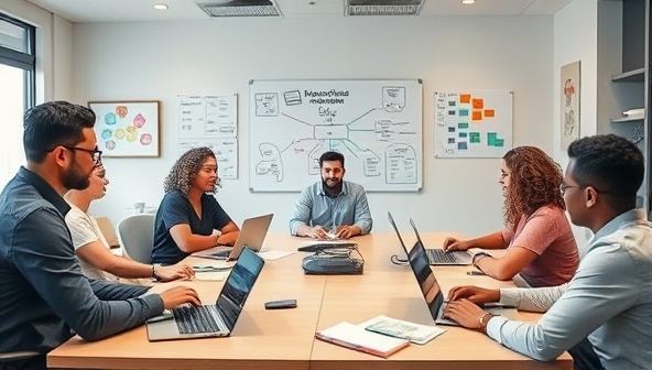 An online classroom setting with a diverse group of local business owners engaging in a digital marketing workshop, surrounded by laptops, notepads, and brainstorming charts, fostering a collaborative and educational environment.