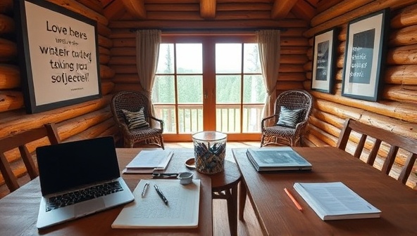 A virtual writing retreat setting with a cozy cabin backdrop, writing desks equipped with laptops, notebooks, and pens, surrounded by inspirational quotes and nature views, inviting participants to immerse themselves in a creative and productive writing environment during the retreat.
