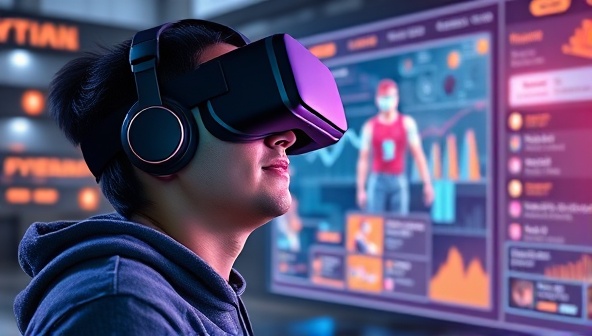 An artist's rendition of a user wearing a VR headset exploring a virtual web environment with 3D elements, interactive menus, and dynamic animations, highlighting the futuristic and engaging nature of VR-enhanced web experiences.