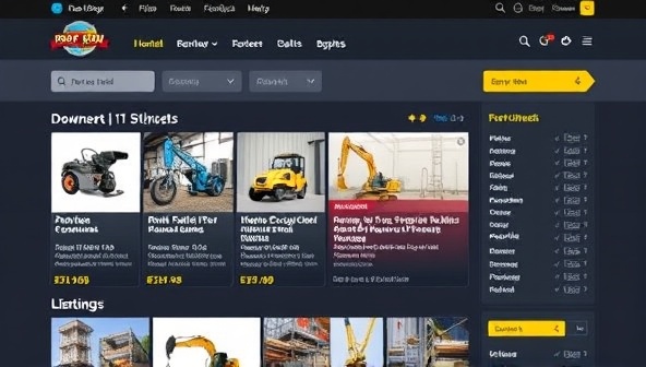 An online marketplace interface of Rent-a-Tool Hub showcasing a variety of construction equipment listings available for rent, including power tools, excavators, and scaffolding, illustrating the platform's user-friendly navigation and extensive rental options for construction projects of all sizes.
