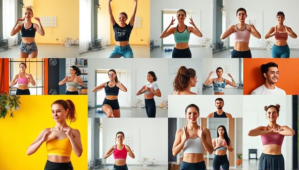 A vibrant digital collage showcasing a diverse group of people participating in different virtual fitness classes, each person immersed in their workout, reflecting inclusivity, energy, and motivation.