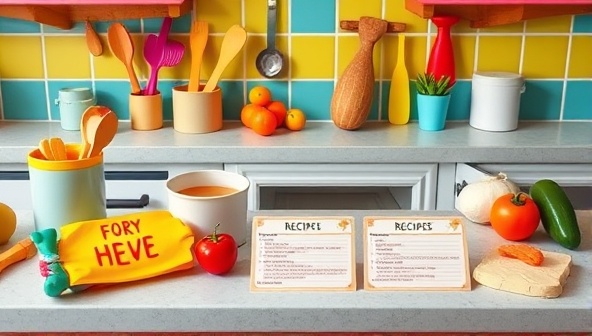A colorful and vibrant kitchen scene with kid-sized cooking utensils, fresh ingredients, and cheerful recipe cards laid out on a counter, inviting children to embark on a culinary adventure.
