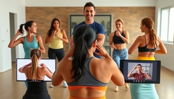 A dynamic virtual fitness class scene with diverse participants following a trainer's instructions on their screens, showcasing energy, motivation, and inclusivity.
