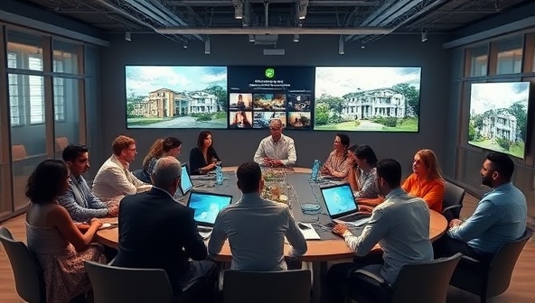 An immersive digital rendering of a virtual real estate investment club meeting, showcasing diverse participants engaging in discussions, networking, and reviewing investment opportunities on digital screens, symbolizing the collaborative and interactive nature of InvestorConnect.