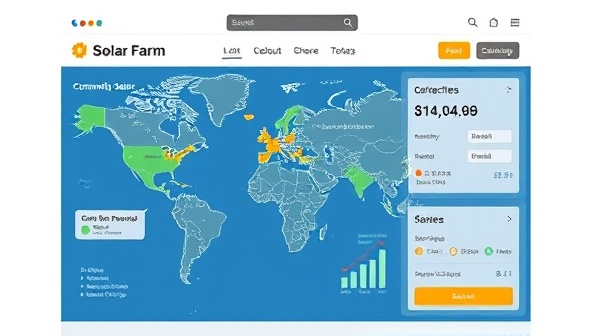 An online platform interface showcasing a virtual community solar farm map with interactive share purchase options, solar energy production stats, and community engagement features, promoting transparency and collective impact.
