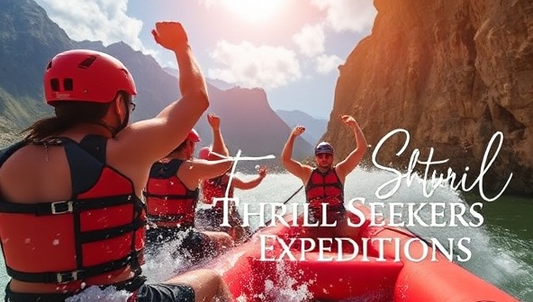 An exhilarating image of a group of adventurers engaging in a thrilling activity, such as white-water rafting or rock climbing, captured in a stunning natural landscape, evoking the spirit of adventure and exploration offered by Thrill Seeker Expeditions.