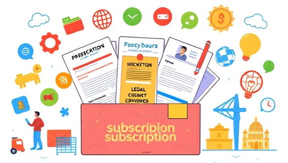 A colorful and engaging subscription box filled with legal documents, guides, and compliance tools, surrounded by icons representing different industries, showcasing the diversity and utility of the service.