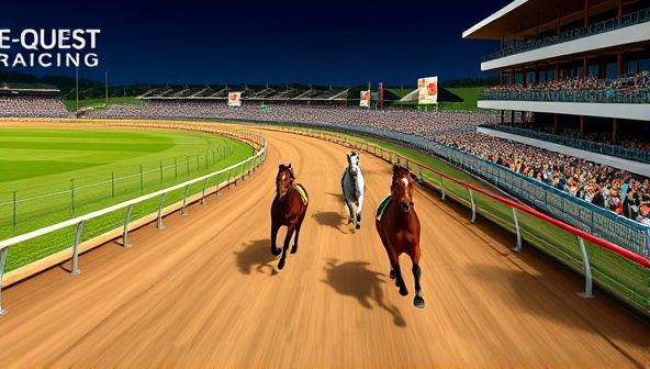 A dynamic digital illustration depicting a virtual horse racing track with customized horses racing towards the finish line, surrounded by cheering virtual spectators, capturing the excitement and energy of E-Quest Racing's immersive simulation.