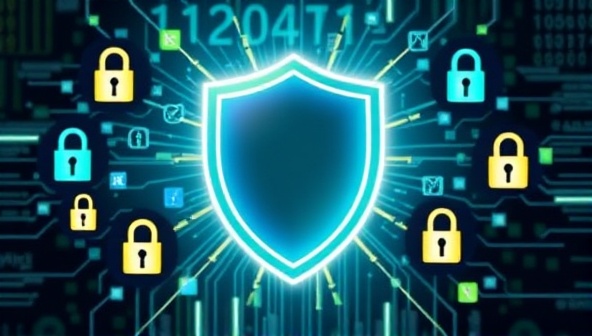 An eye-catching visual representation of a shield symbolizing data protection, surrounded by digital lock icons and secure encryption symbols, conveying the concept of security and safeguarding data assets with DataShield insurance services.