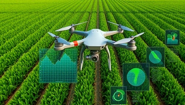 An aerial view captured by a drone showing lush green fields and precision crop rows, with data overlays illustrating crop health indicators and analysis, showcasing the advanced technology and detailed insights provided by SkyCrop Drones for modern agriculture management.