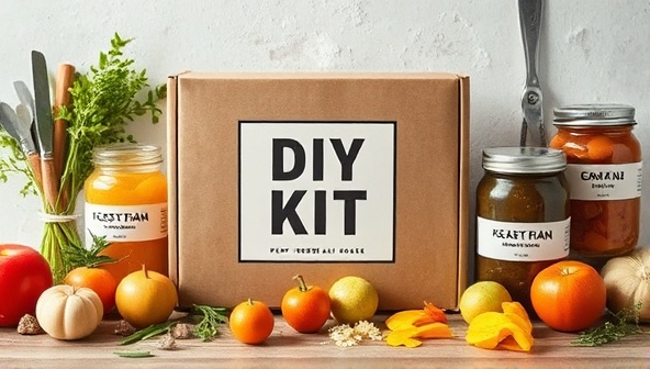 An artistic display featuring a DIY food preservation kit with colorful jars, fresh produce, and labels, surrounded by tools and ingredients, showcasing the essence of preserving seasonal foods at home and the creative potential of the DIY kits.