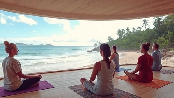 A virtual meditation retreat scene featuring participants engaging in a guided meditation session with tranquil visuals of a peaceful beach, serene forest, and calming music, promoting mental relaxation and mindfulness practices in a travel-inspired setting with SereniTravels Retreats.