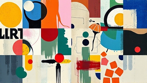 An artistic collage of diverse art styles and visual elements, including abstract shapes, brush strokes, and vibrant colors, symbolizing the fusion of art and web design in creating unique and expressive online experiences.