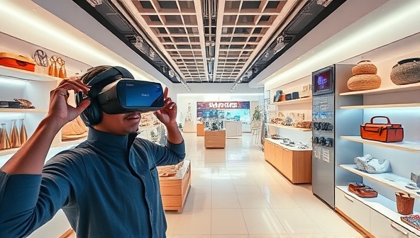An immersive virtual reality scene where a user is exploring a beautifully designed virtual showroom filled with a variety of products, with interactive features and realistic product displays, creating a futuristic and engaging shopping experience.