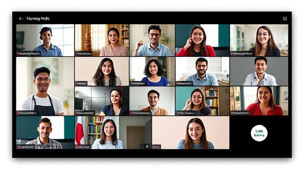 A vibrant virtual language exchange session on the Lingo Exchange Hub platform, featuring participants from different cultural backgrounds engaging in language practice and cultural sharing via video calls, creating a dynamic and enriching learning environment.