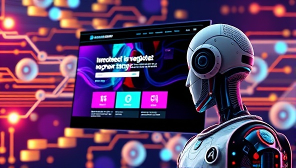 An innovative AI system designing a website in real-time, with colorful digital graphics and a futuristic interface, symbolizing speed, customization, and advanced technology.