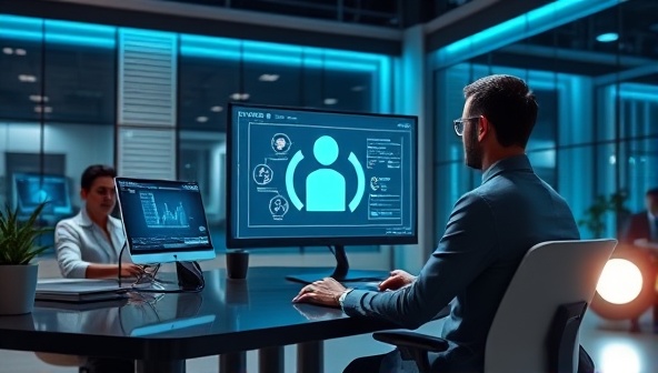 A futuristic office setting with a virtual assistant hologram providing tax advice to a client through a digital interface, showcasing the advanced and innovative nature of the AI-powered service.