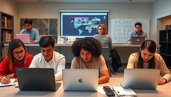 A diverse group of students engaging in a virtual study session, each on their laptops, sharing notes and discussing academic topics in a digital study room environment.
