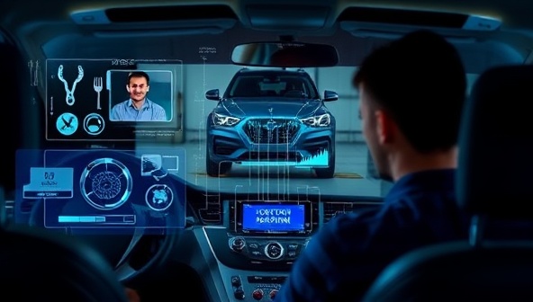 A tech-savvy image featuring a virtual interface with a mechanic guiding a car owner through a repair process via video call, with digital tools and diagnostic graphics overlaying the screen, showcasing the futuristic and convenient aspect of remote car assistance.