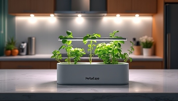 An elegant kitchen countertop setup with a HerbaEase automated herb garden kit, featuring flourishing basil, mint, and parsley plants under soft glow LED lights, exuding a harmonious blend of technology and nature in a modern home environment.