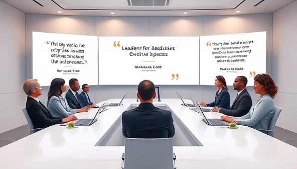 A virtual executive boardroom setting with avatars representing diverse professionals engaged in a leadership seminar, surrounded by digital screens displaying leadership quotes and success stories, symbolizing a virtual environment fostering executive presence and career advancement.