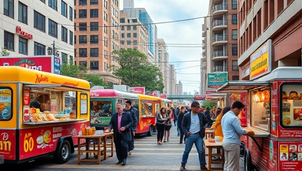 An artistic representation of a bustling street food scene, featuring a variety of colorful food trucks parked along a vibrant city street, with customers lining up to order delicious and diverse cuisines, creating a lively and dynamic food truck experience.