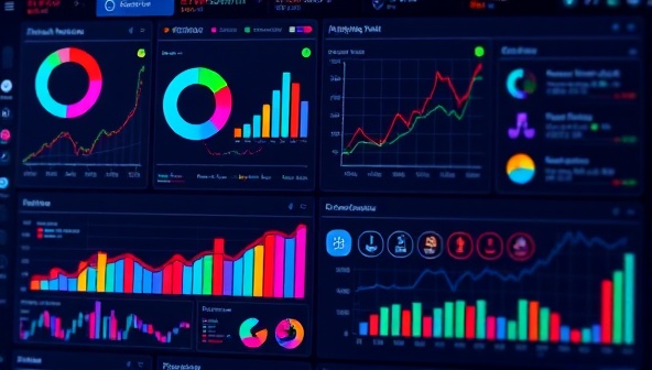 An AI-powered platform visually representing data analysis and market trends in a dynamic and engaging manner, with colorful graphs, charts, and statistics, showcasing the power of AI in market research.