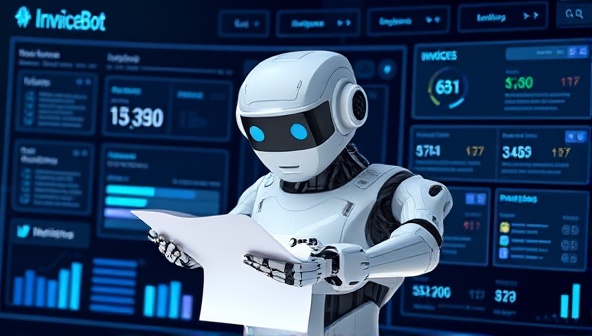 A futuristic depiction of InvoiceBot as a robotic arm processing digital invoices with precision and speed, surrounded by a digital interface displaying automated workflows and payment notifications, symbolizing efficiency and automation in invoicing processes.