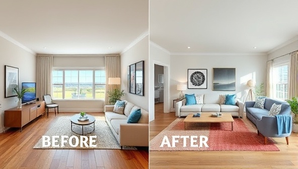 A split-screen image showing a room before and after virtual staging, with the transformed space featuring modern furniture, stylish decor, and enhanced lighting, highlighting the impact of virtual staging on property presentation.
