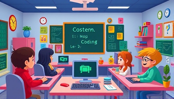 An imaginative and colorful virtual coding classroom filled with animated characters and playful coding exercises, showcasing a vibrant and engaging learning environment for kids to explore the world of programming.