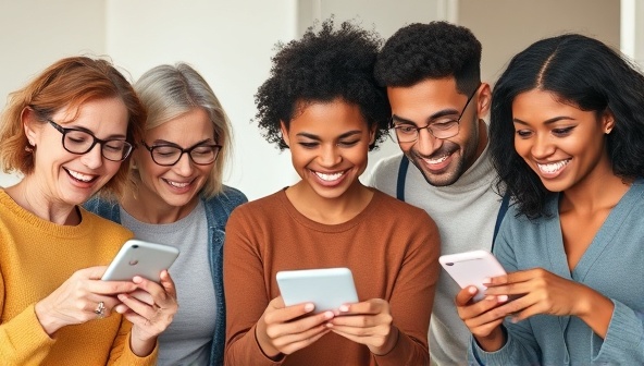 An image of a diverse group of individuals of different ages and backgrounds smiling while accessing the RemoteRx Care platform on their devices, illustrating convenience and accessibility in healthcare.