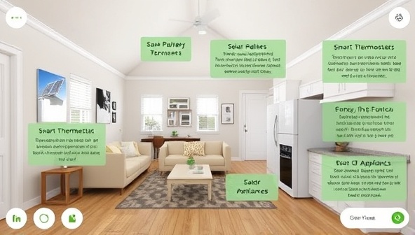 An interactive virtual tour of a home with energy-saving features highlighted, such as solar panels, smart thermostats, and efficient appliances, showcasing the benefits of a GreenHome Assess audit and recommendations.
