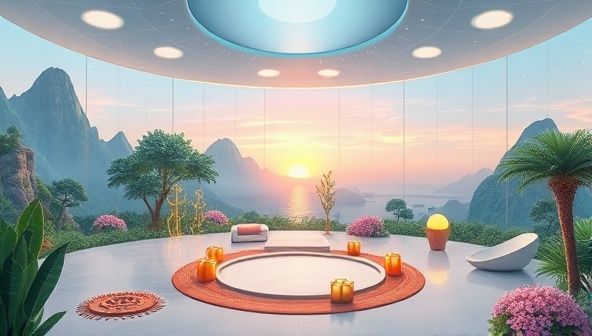 An enchanting digital illustration of a serene virtual wellness retreat setting, featuring tranquil nature scenes, calming meditation spaces, and soothing wellness activities, evoking a sense of peace and rejuvenation in a virtual sanctuary.
