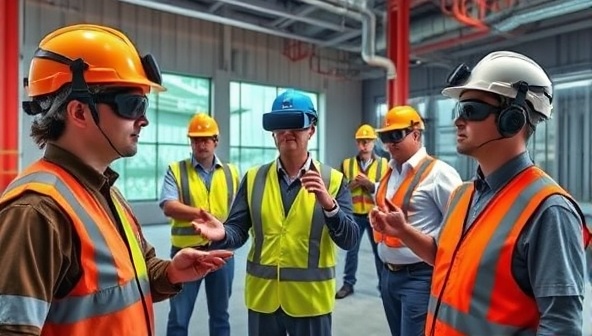 An immersive virtual reality environment featuring construction workers undergoing safety training simulations, hazard recognition exercises, and emergency response drills, with realistic scenarios and interactive feedback mechanisms, emphasizing the importance of virtual safety training for real-world applications.